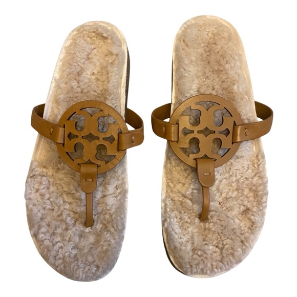 Tory Burch Women's Miller Cloud Shearling Thong Sandals Tan Brown Leather Sz 10 - Picture 1 of 4